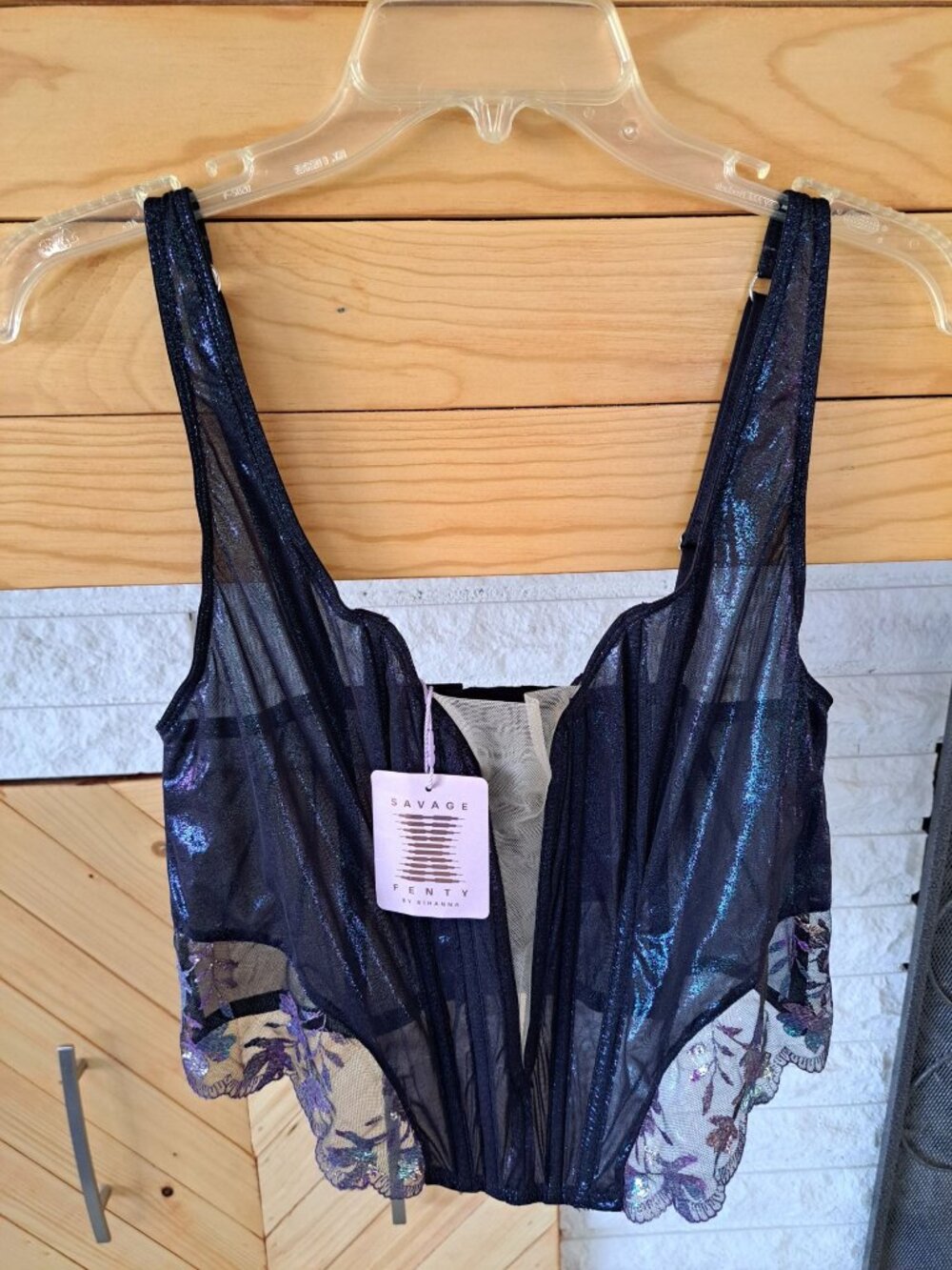 Savage X Fenty 2XL Iridescent Lace Bustier Adjustable Straps Sheer Hook New